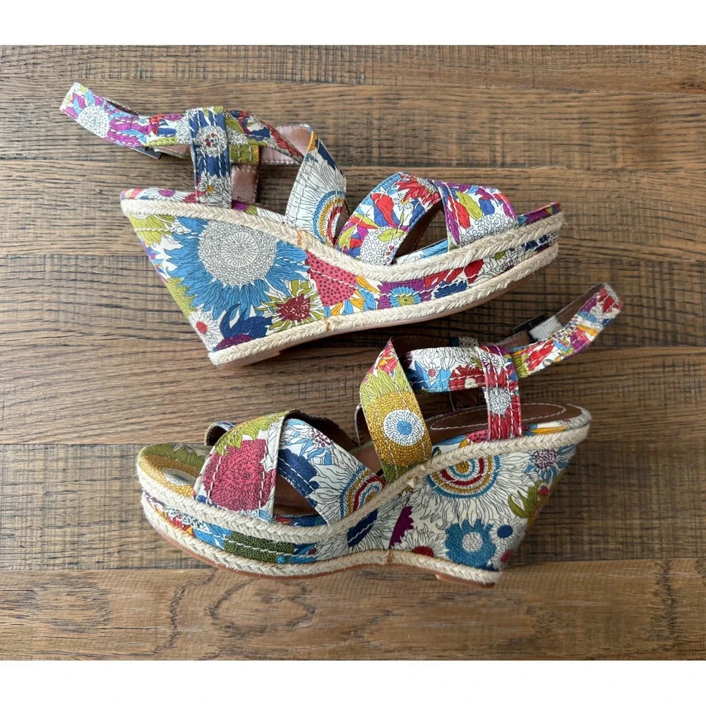 Hush Puppies Renown Floral Leather Espadrille Wedge Sandals Multicolor Size 8.5M